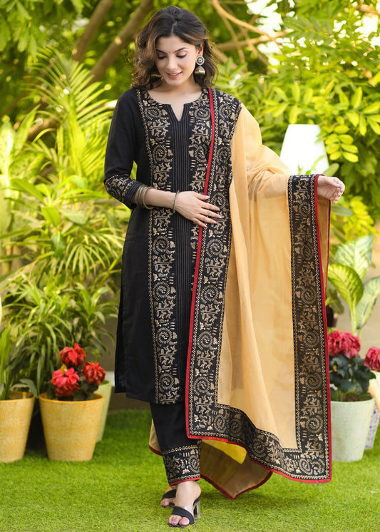 Smart Black Cotton Foil Print Kurta