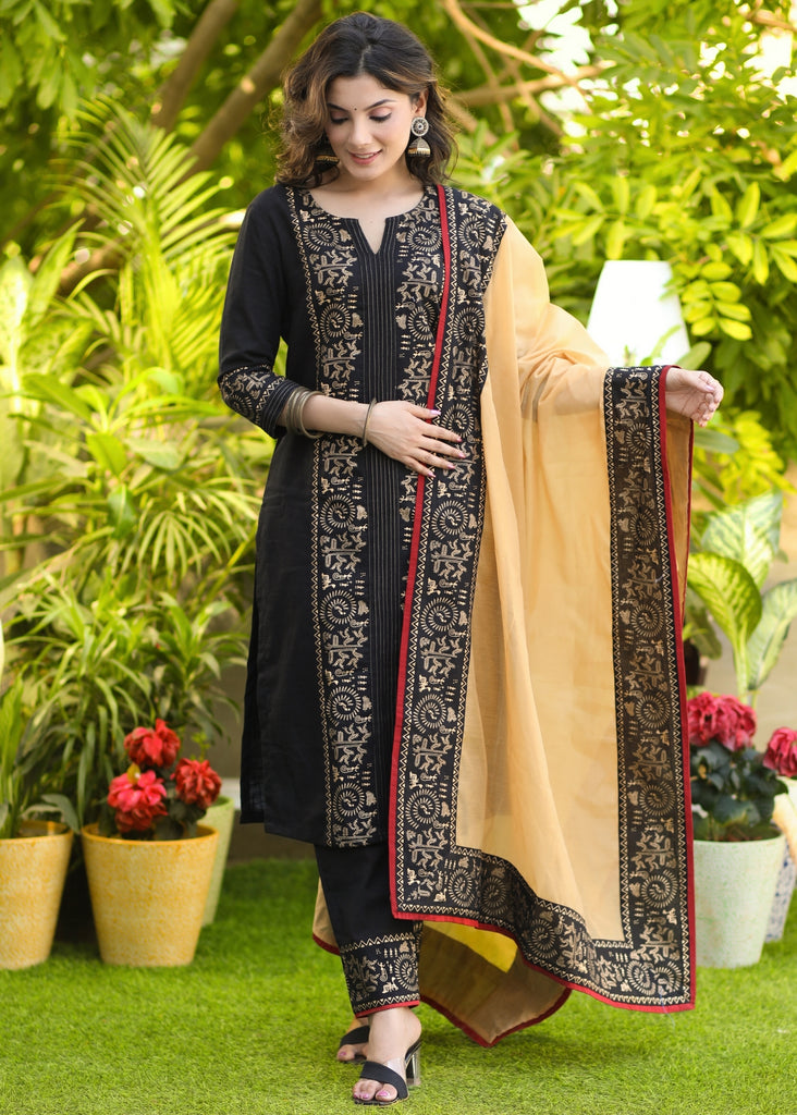 Smart Black Cotton Foil Print Kurta and Pant Set - Dupatta Optional