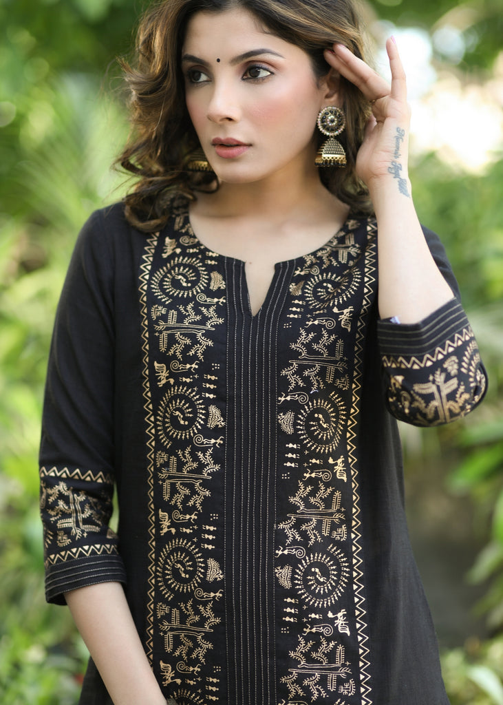 Smart Black Cotton Foil Print Kurta and Pant Set - Dupatta Optional