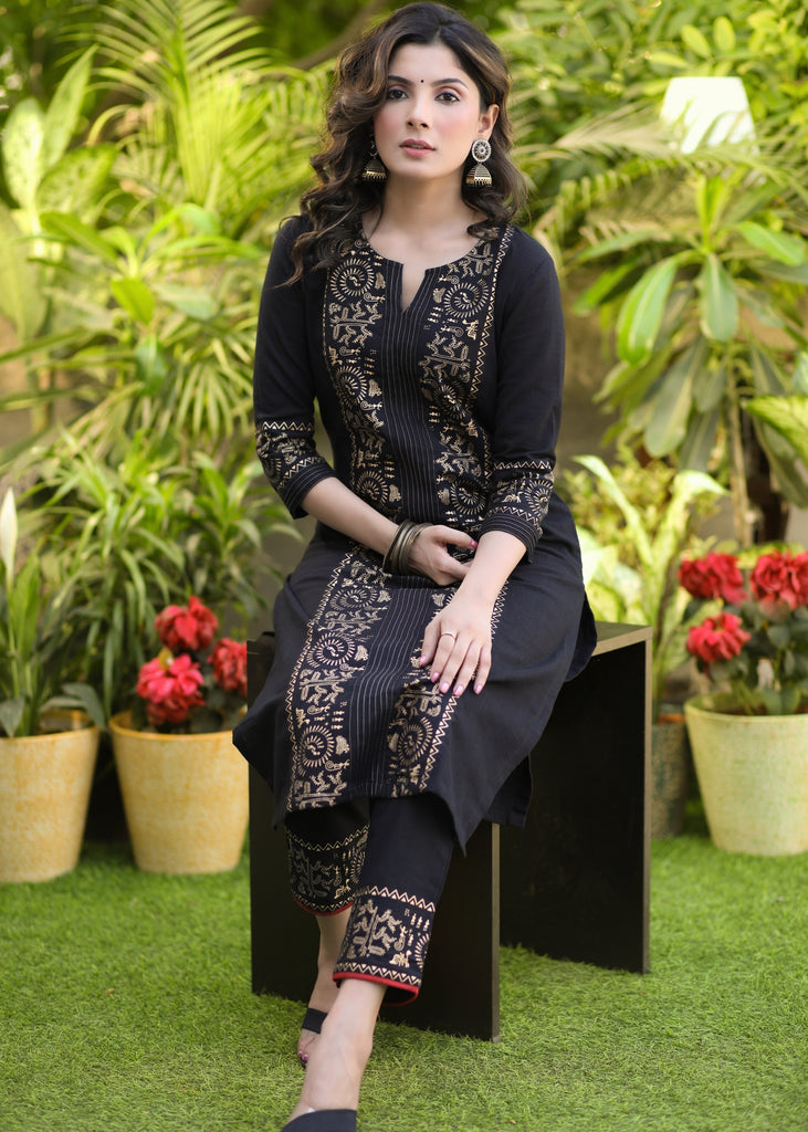 Smart Black Cotton Foil Print Kurta and Pant Set - Dupatta Optional