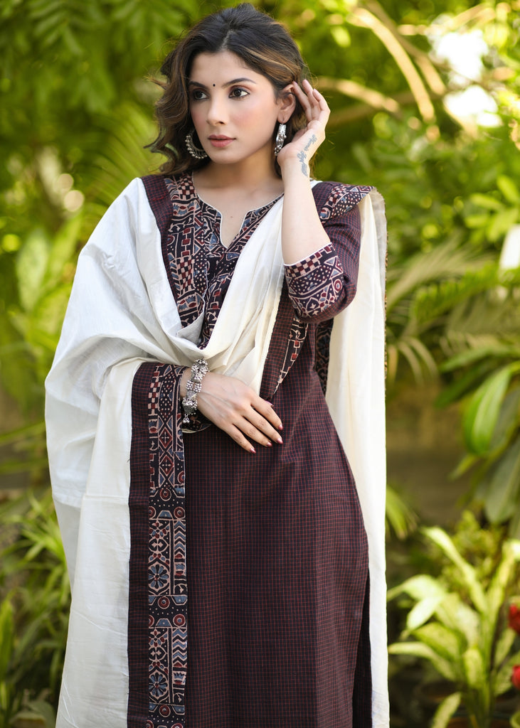 Smart Coffee Brown Pure Cotton Kurta with Ajrakh Harem Pant Set - Dupatta Optional