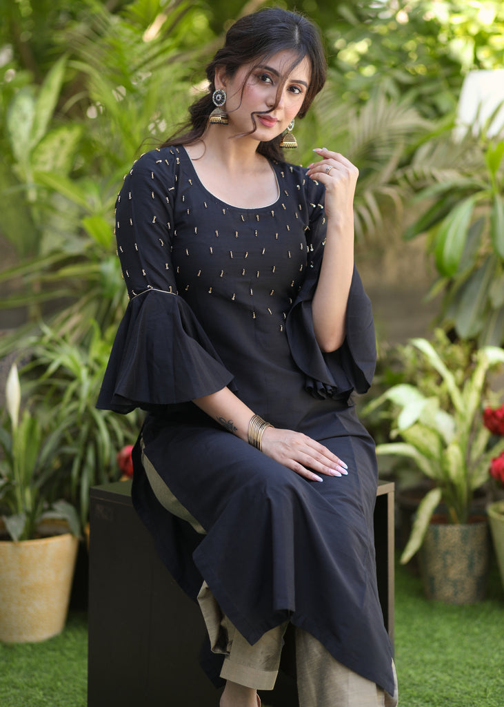 Exclusive Black Cotton Silk Hand Embroidered Peplum Sleeve Kurti - Pant Optional