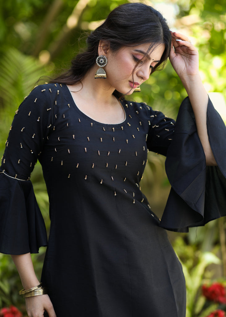Exclusive Black Cotton Silk Hand Embroidered Peplum Sleeve Kurti - Pant Optional