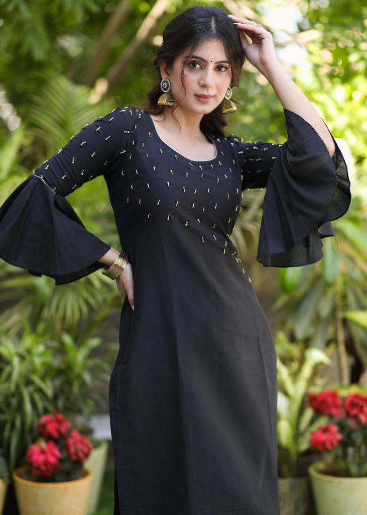 Exclusive Black Cotton Silk Hand Embroidered Peplum Sleeve Kurti - Pant Optional