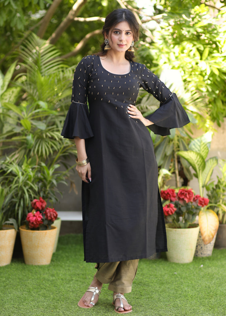Exclusive Black Cotton Silk Hand Embroidered Peplum Sleeve Kurti - Pant Optional
