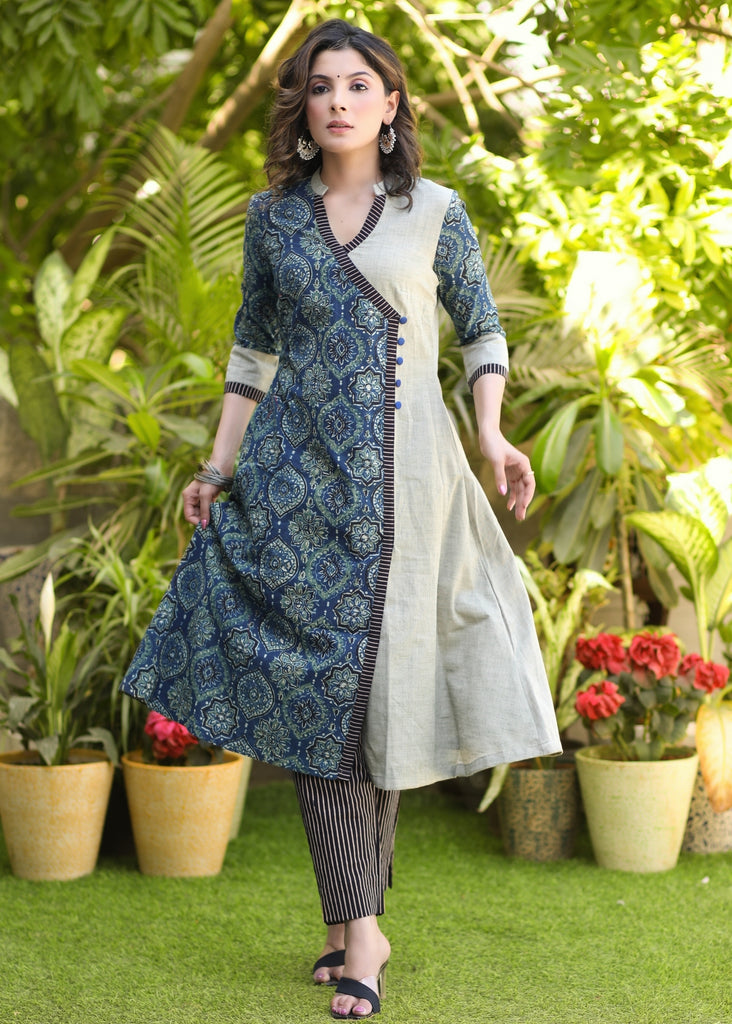 Elegant Pure Cotton Ajrakh Combination Kurta - Pant Optional