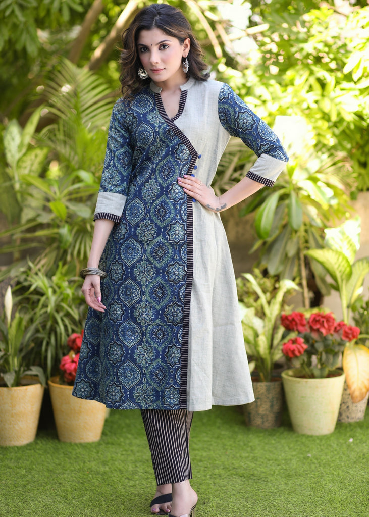 Elegant Pure Cotton Ajrakh Combination Kurta - Pant Optional