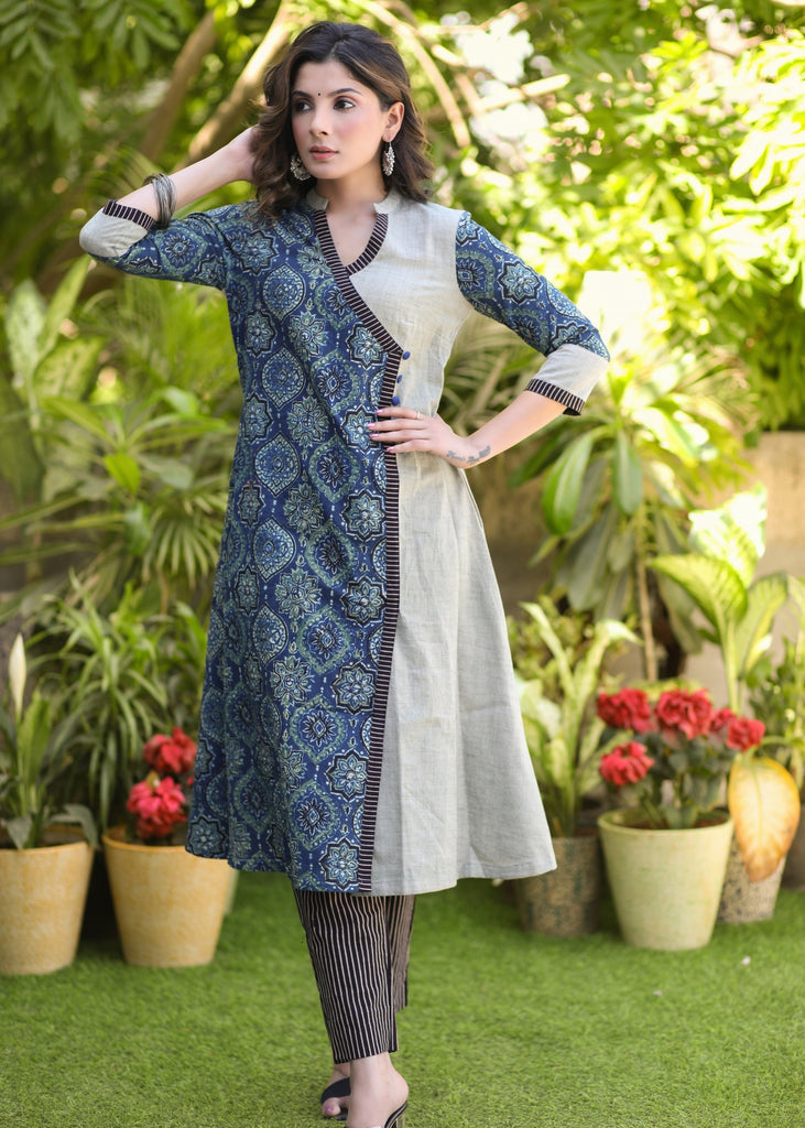 Elegant Pure Cotton Ajrakh Combination Kurta - Pant Optional