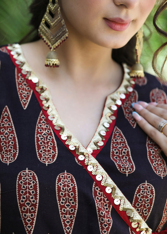 Trendy Black Cotton Ajrakh with Mustard Hand Embroidery and Red Patti - Pant Optional
