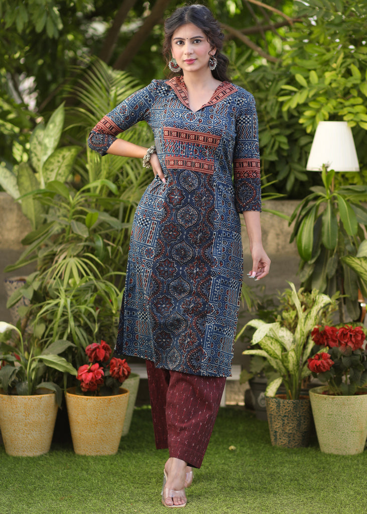 Elegant Navy Blue Embellished Cotton Ajrakh Kurti - Pant Optional