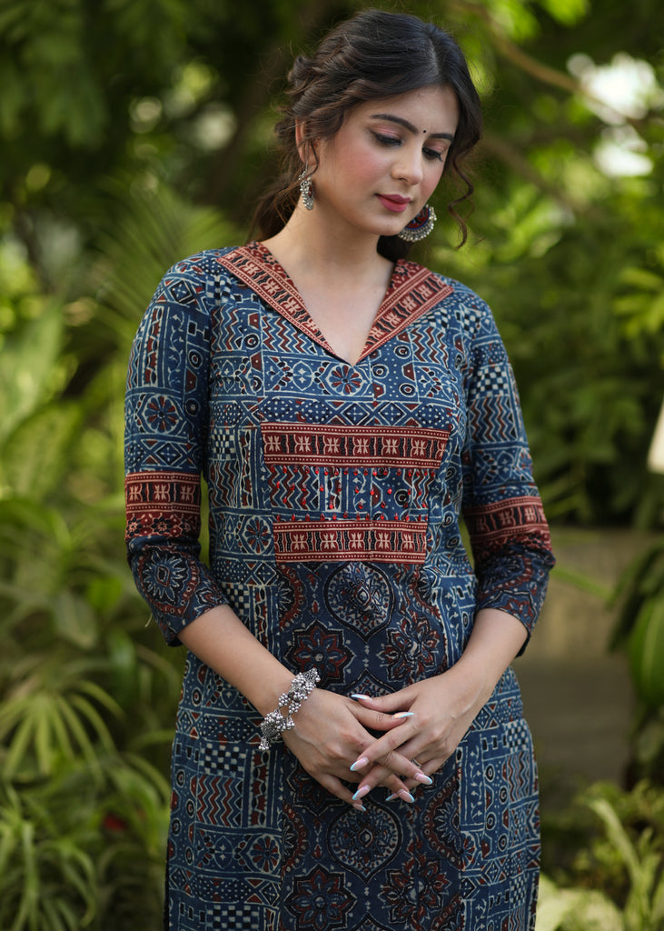 Elegant Navy Blue Embellished Cotton Ajrakh Kurti - Pant Optional