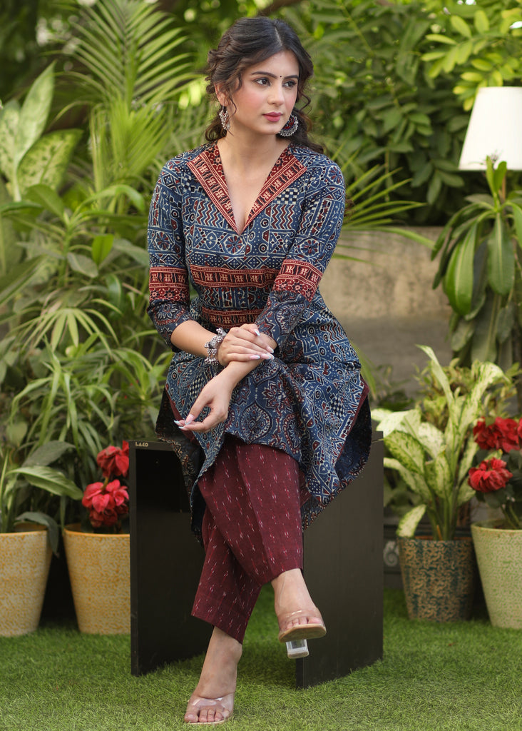 Elegant Navy Blue Embellished Cotton Ajrakh Kurti - Pant Optional