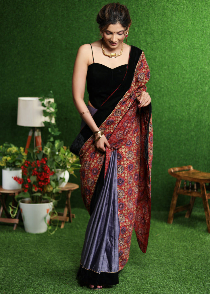 Stylish red Ajrakh & lavender Khun saree with Zari work on Pallu