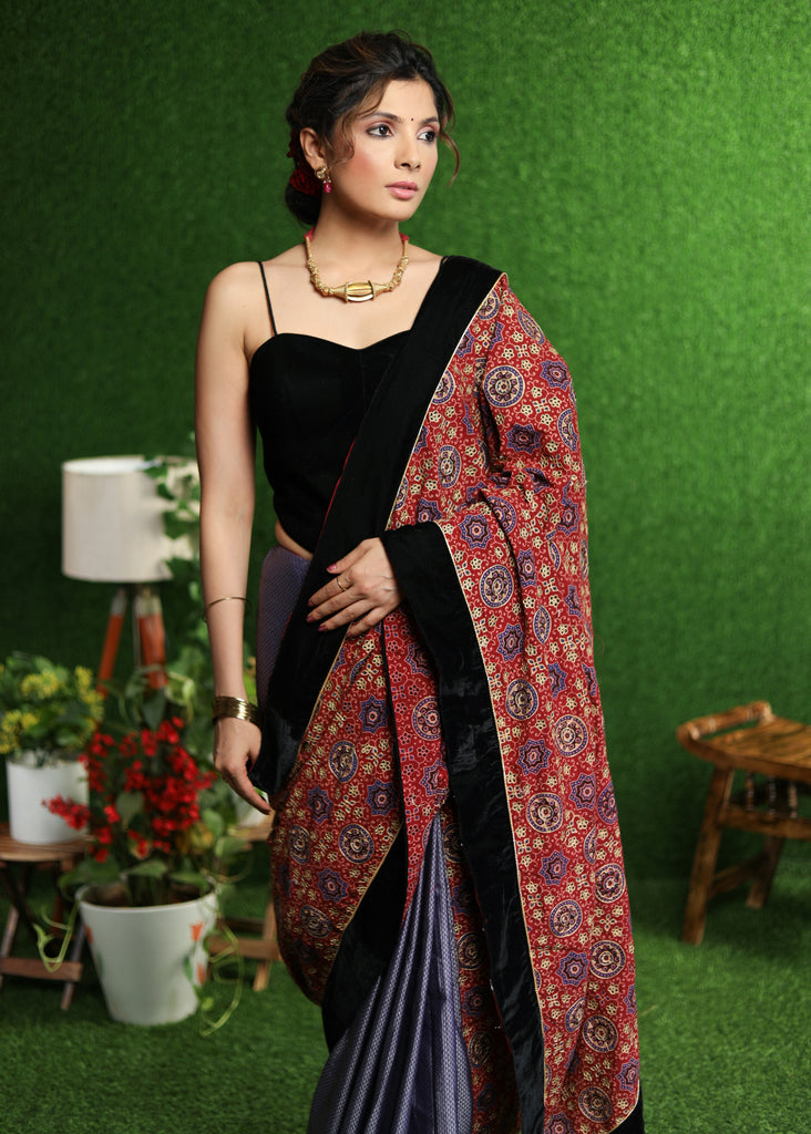 Stylish red Ajrakh & lavender Khun saree with Zari work on Pallu