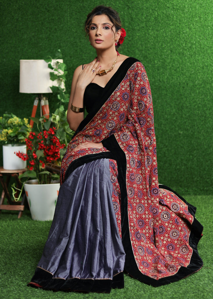 Stylish red Ajrakh & lavender Khun saree with Zari work on Pallu