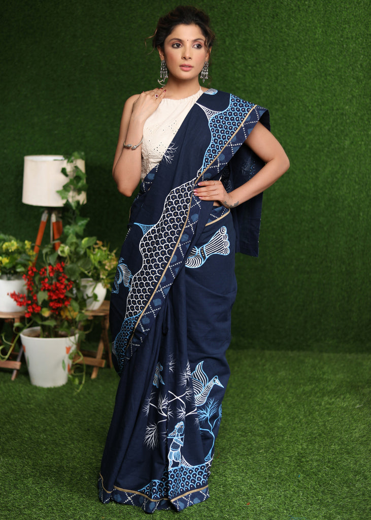 Classy blue Cotton saree with exclusive Gond painting & indigo border