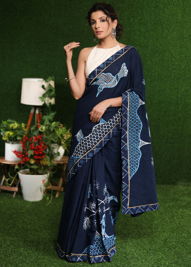 Classy blue Cotton saree with exclusive Gond painting & indigo border