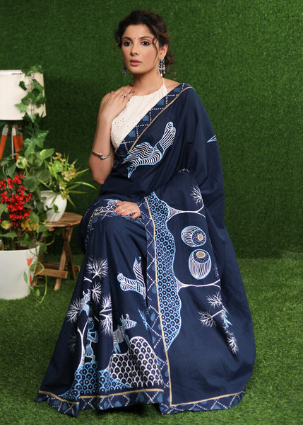 Classy blue Cotton saree with exclusive Gond painting & indigo border