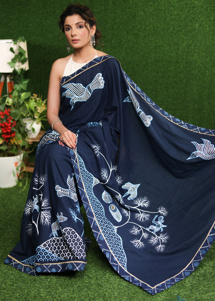 Classy blue Cotton saree with exclusive Gond painting & indigo border