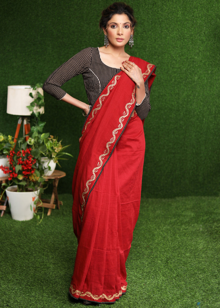 Stylish maroon Cotton saree with gold Zari embroidery
