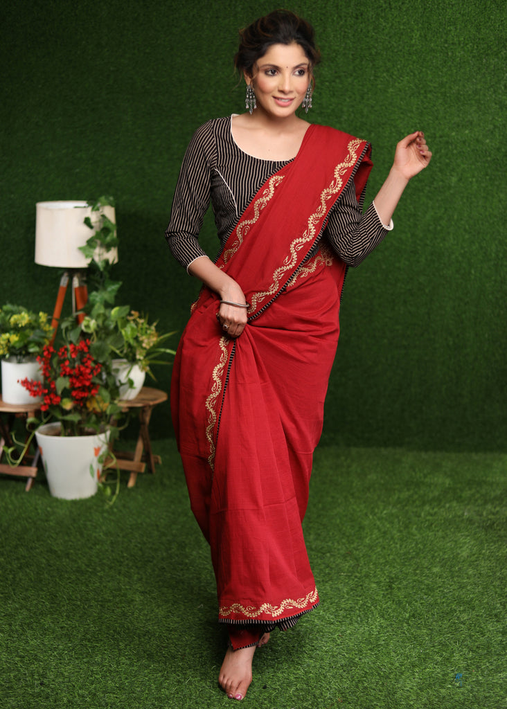 Stylish maroon Cotton saree with gold Zari embroidery