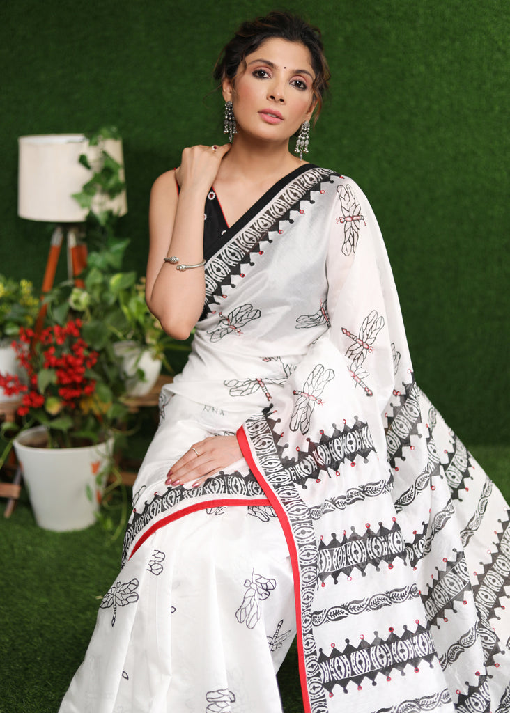 Classy white Chanderi block print saree with delicate hand embroidery