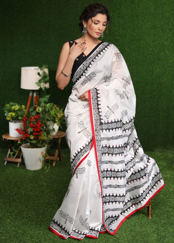 Classy white Chanderi block print saree with delicate hand embroidery