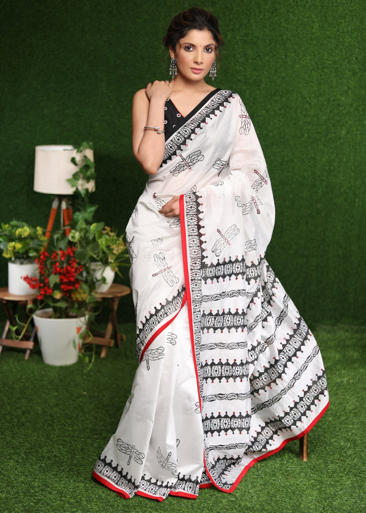 Classy white Chanderi block print saree with delicate hand embroidery