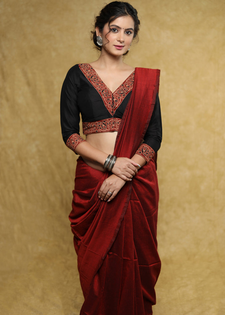 Classy black Cotton-Silk blouse with maroon Ajrakh detailing & Dori at the back