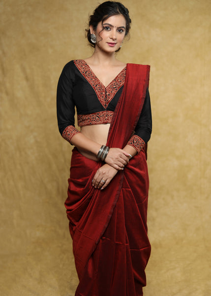 Classy black Cotton-Silk blouse with maroon Ajrakh detailing & Dori at the back - Plain Saree Optional