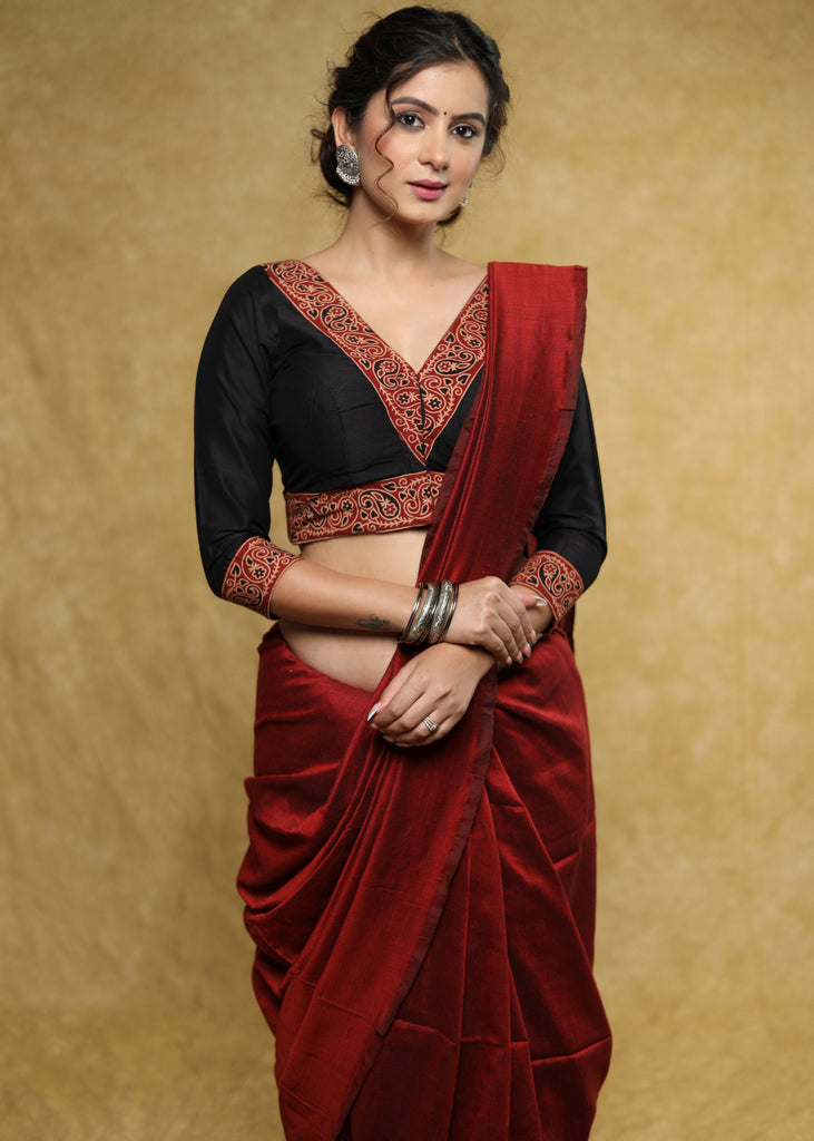 Classy black Cotton-Silk blouse with maroon Ajrakh detailing & Dori at the back - Plain Saree Optional
