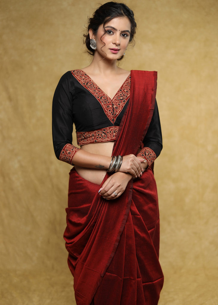 Classy black Cotton-Silk blouse with maroon Ajrakh detailing & Dori at the back - Plain Saree Optional