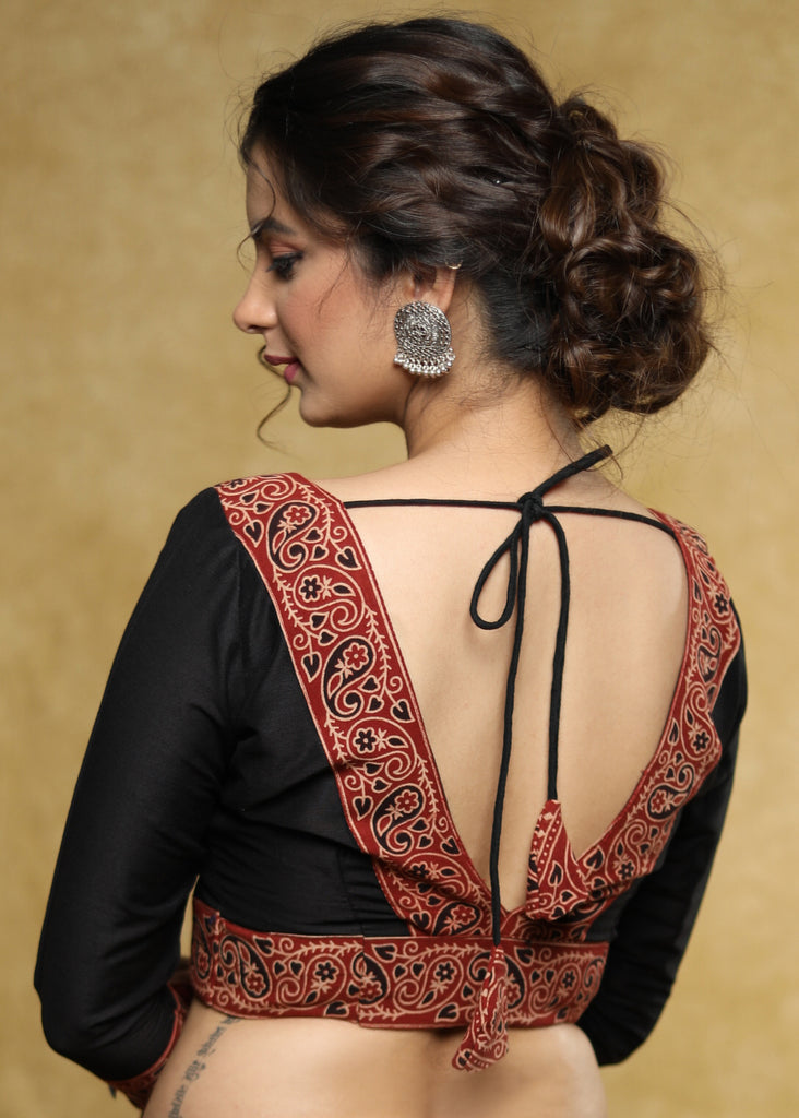 Classy black Cotton-Silk blouse with maroon Ajrakh detailing & Dori at the back