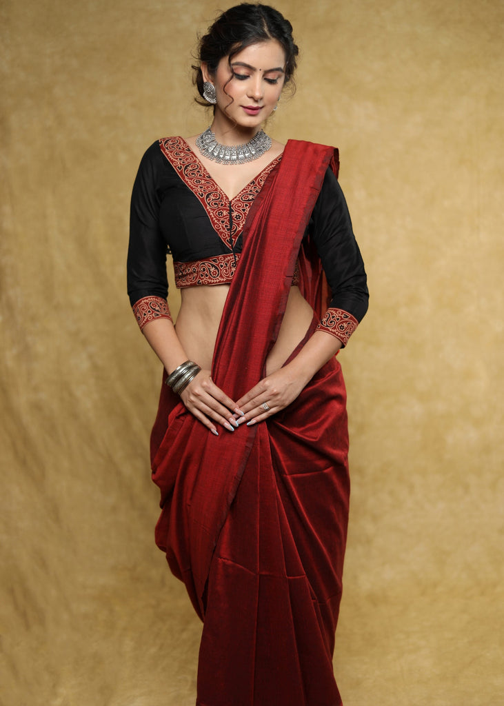Classy black Cotton-Silk blouse with maroon Ajrakh detailing & Dori at the back - Plain Saree Optional
