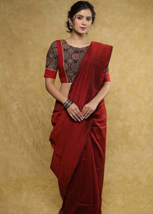 Elegant maroon & black Ajrakh combination Cotton blouse with detailing at the back