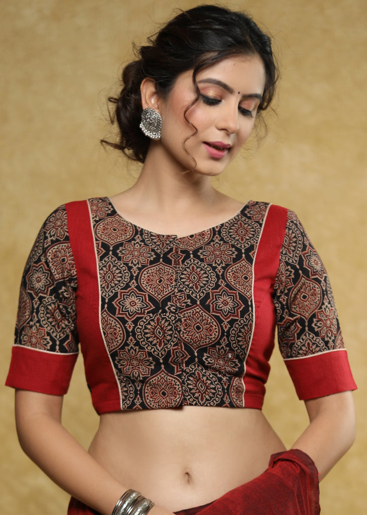 Elegant maroon & black Ajrakh combination Cotton blouse with detailing at the back