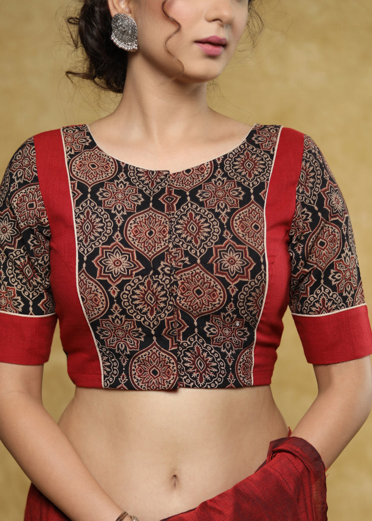 Elegant maroon & black Ajrakh combination Cotton blouse with detailing at the back