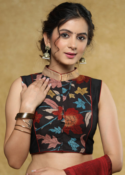 Black sleeveless Nehru collar blouse with exclusive kalamkari front panel & back detailing