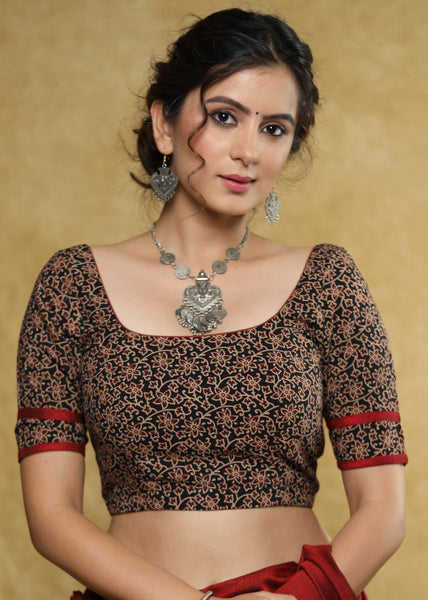 Beautiful black floral Ajrakh Cotton blouse with maroon detailing & buttons at the back