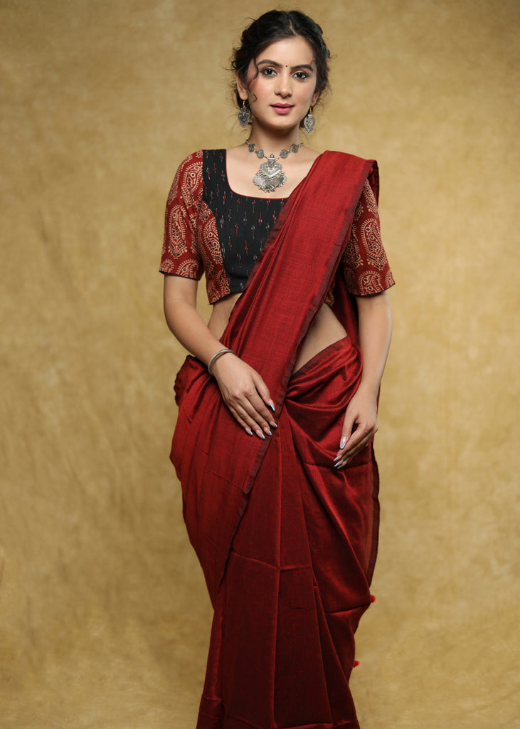 Elegant black, maroon Ikat & Ajrakh combination blouse with dori at the back