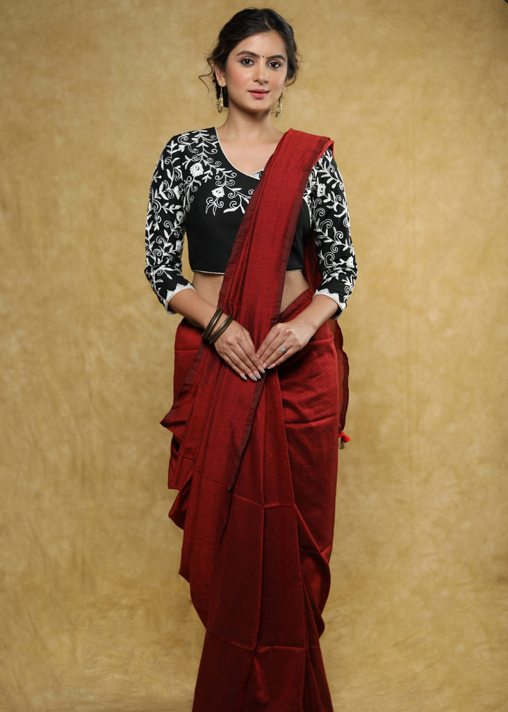 Trendy black Cotton-Silk blouse with delicate white embroidery