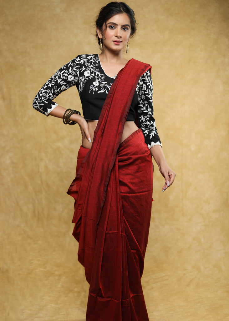 Trendy black Cotton-Silk blouse with delicate white embroidery