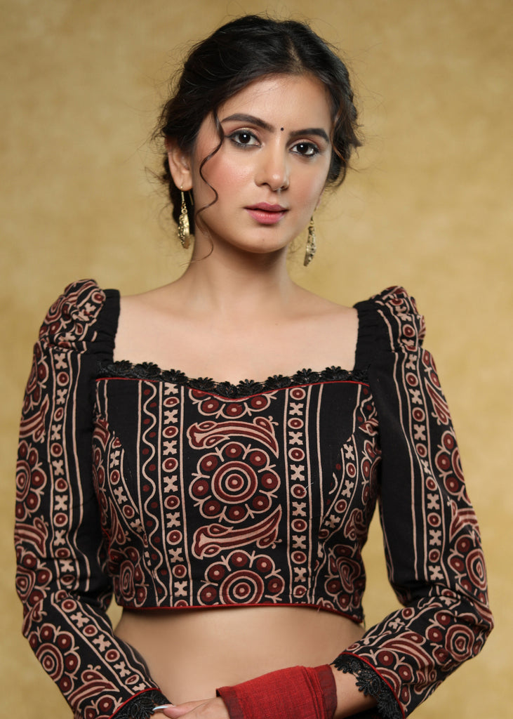 Stylist black Cotton Ajrakh blouse with gathered sleeves and lace detailing