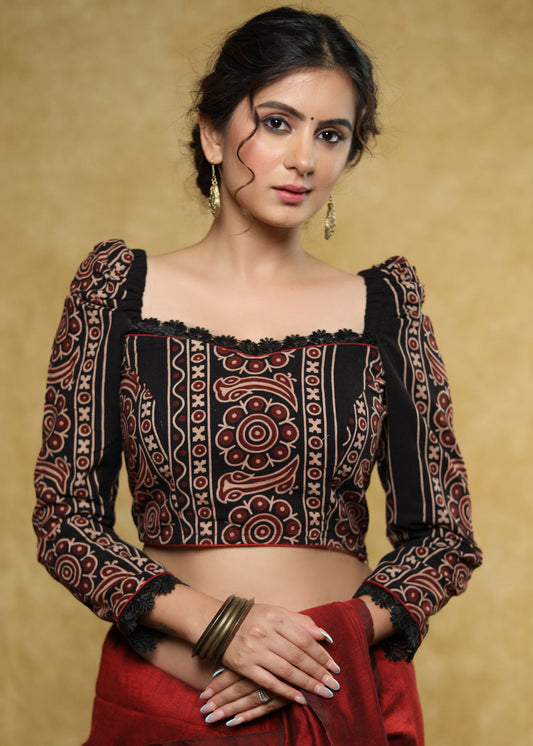 Stylist black Cotton Ajrakh blouse with gathered sleeves and lace detailing - Optional Plain Saree
