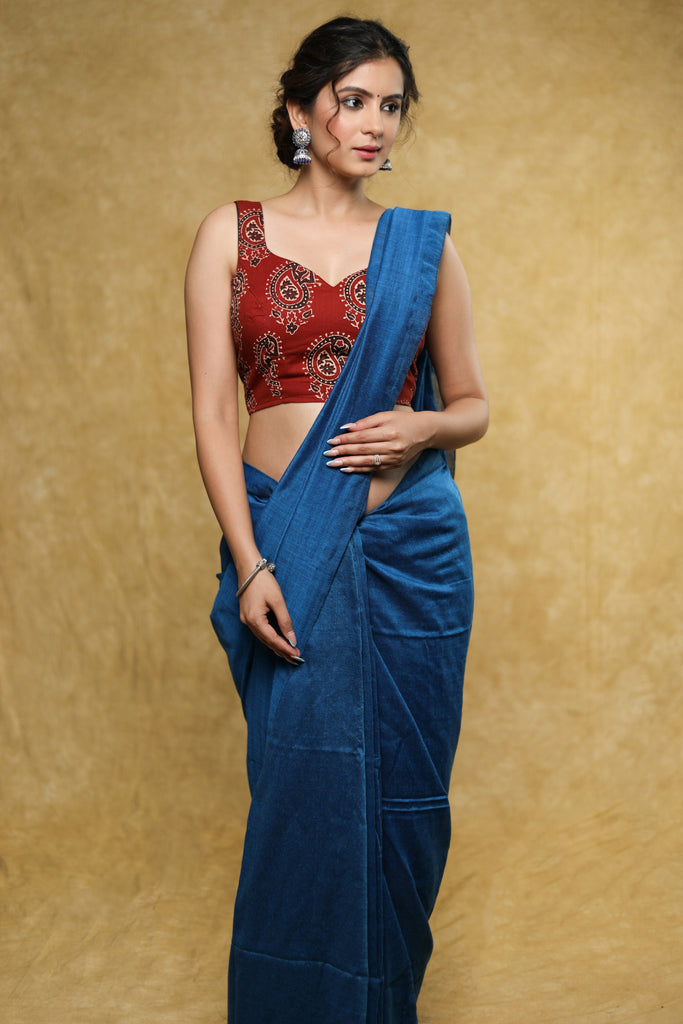 Smart maroon Ajrakh ambi print Cotton sleeveless blouse with Dori at the back
