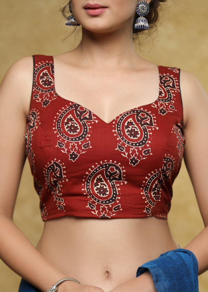 Smart maroon Ajrakh ambi print Cotton sleeveless blouse with Dori at the back