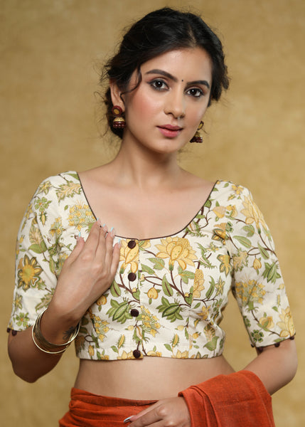 Classy cream Cotton block printed blouse with brown detailing and brown buttons