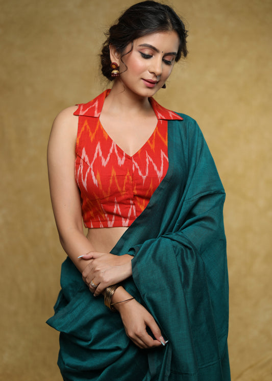 Graceful orange Cotton Ikat sleeveless blouse with smart collar and back