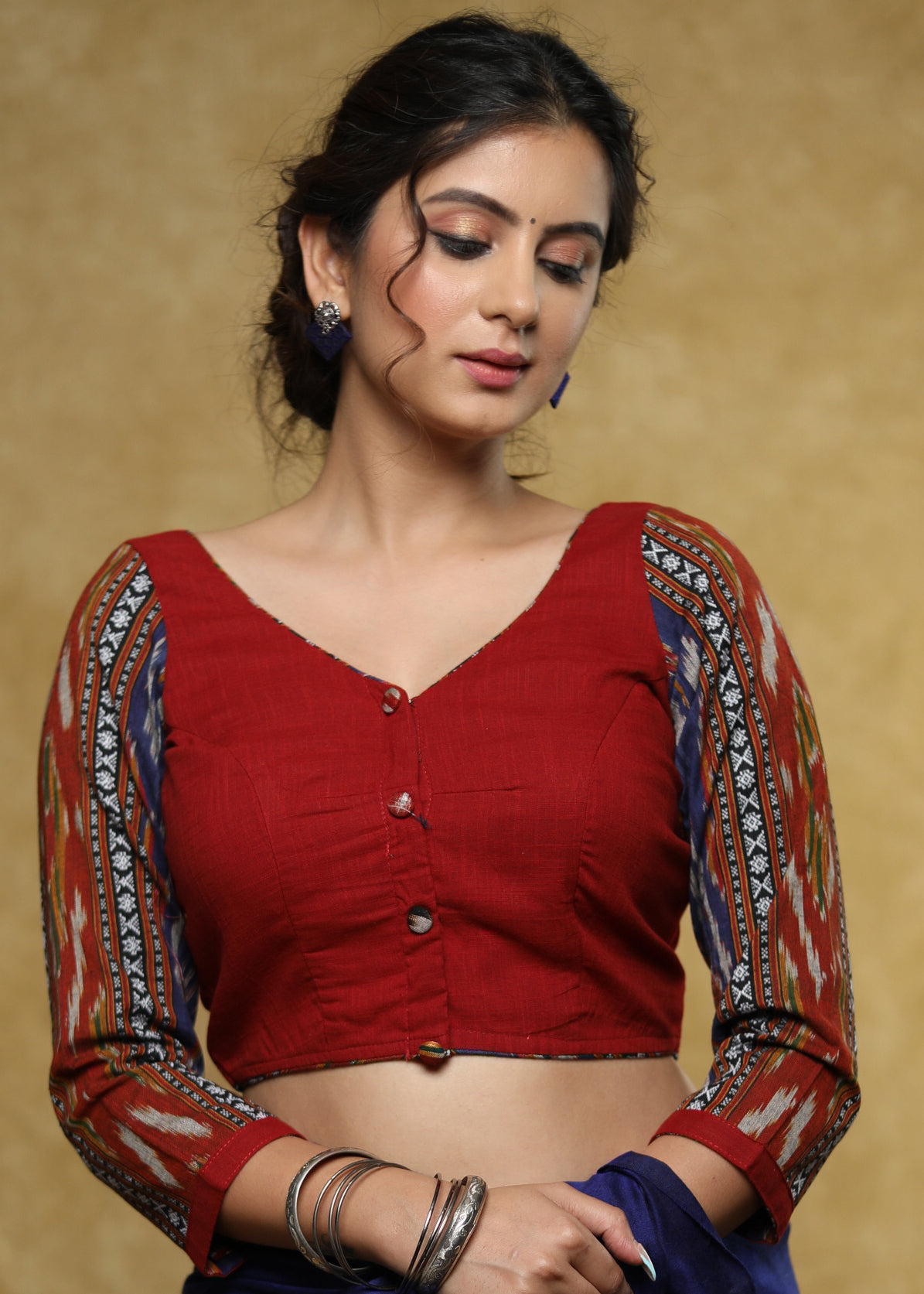 Trendy maroon Cotton blouse with blue Ikat sleeves & buttons