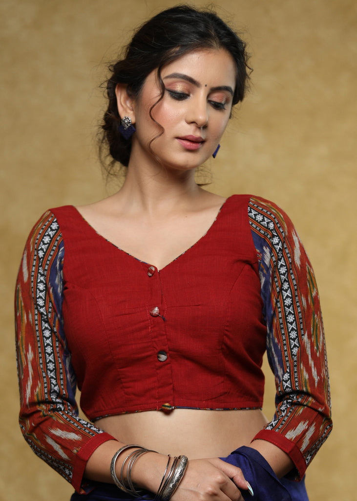 Trendy maroon Cotton blouse with blue Ikat sleeves & buttons